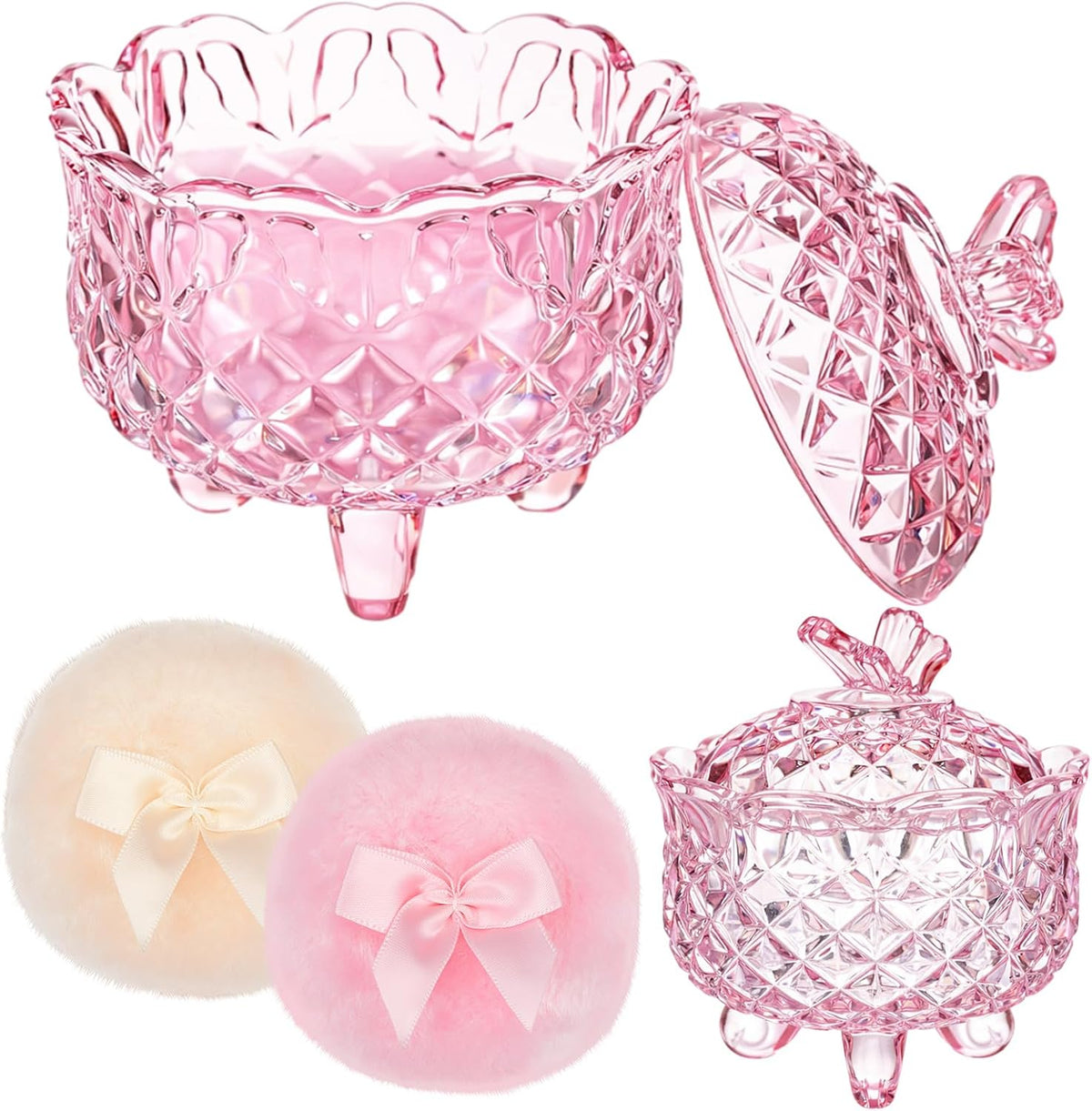 Tioncy 3 Pcs Large Body Powder Puff and Container Valentine's Day gift Powder Container with Puff Crystal Case Soft Washable Reusable Velour Face Body Glitter Wet Dry Makeup (Classic,Clear)