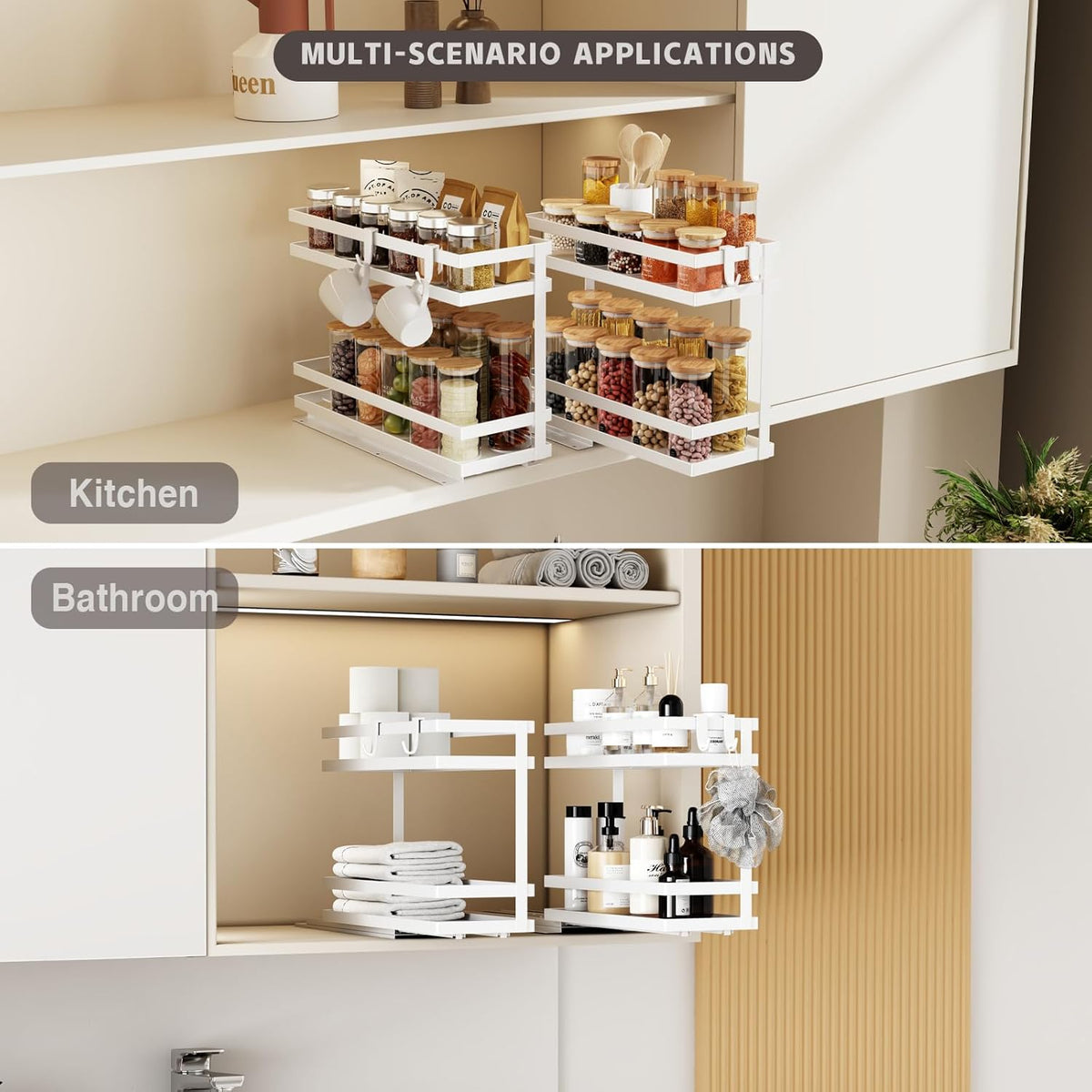 Magheo Pull Out Spice Rack Organizer for Cabinet, Metal Seasoning Organizer Slide Out Spice Storage Shelf No Assembly Vertical Spice Rack Pullout for Kitchen & Bahthroom No Drill(2 Tier,Black)