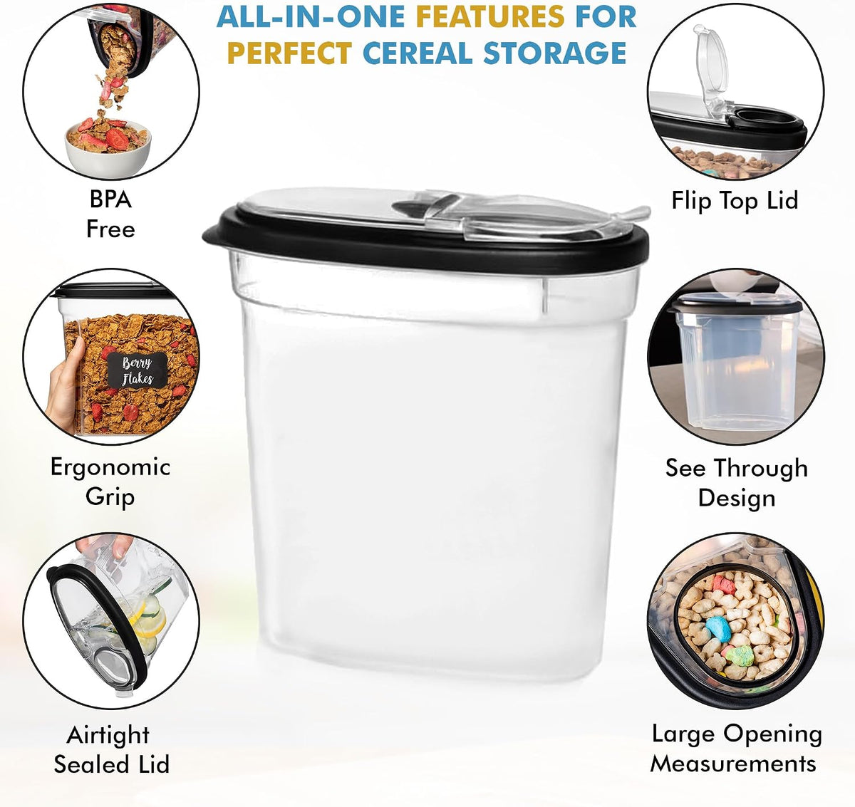 Shazo 3 PC Cereal Container Storage Set (5.2L, 2.8L, 1.2L) - Large Airtight Food Storage Containers with Flip-Top Lids, BPA-Free Plastic Cereal Dispenser for Pantry, Rice, Flour, Sugar & Pasta