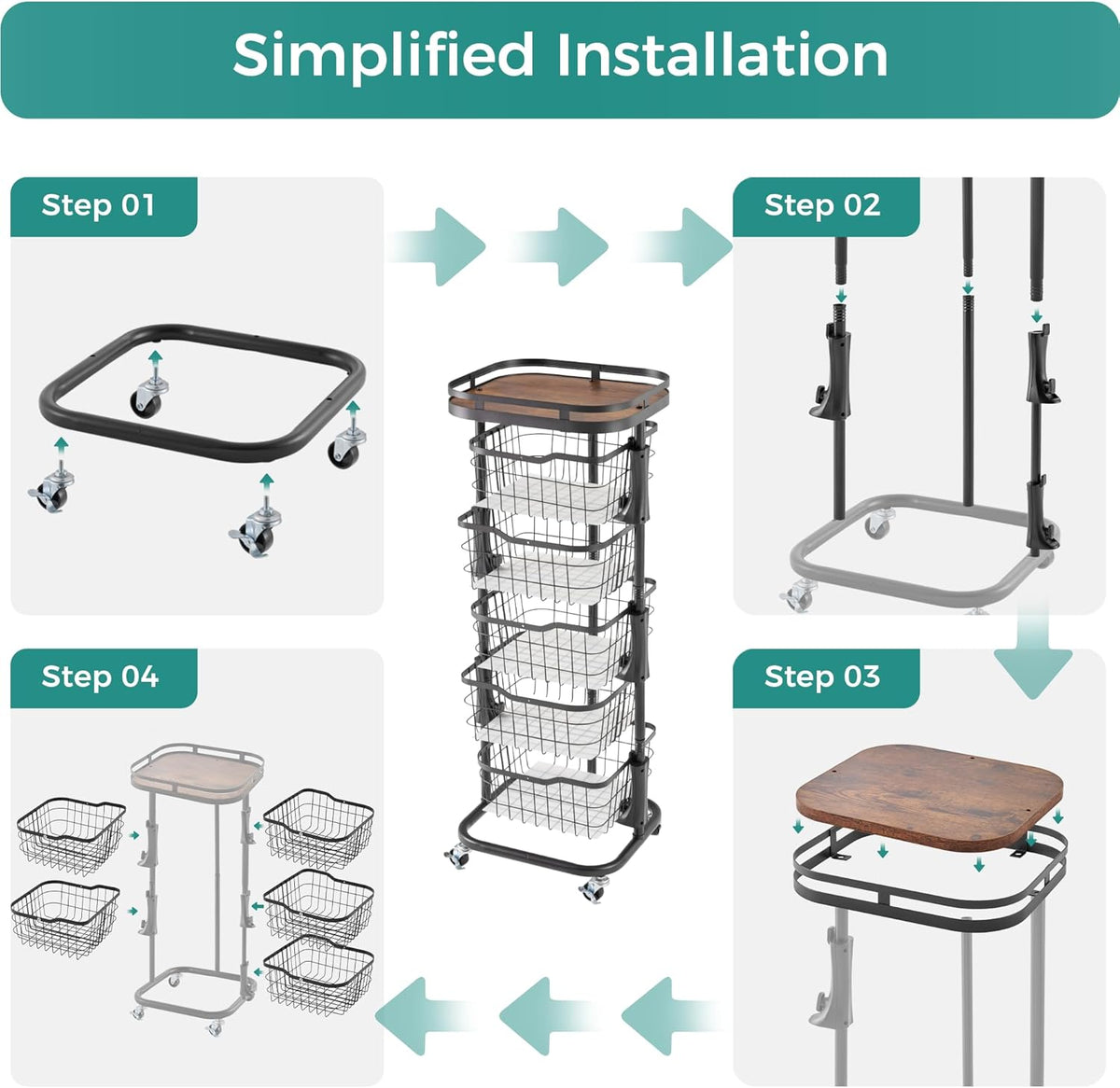 5 Tier Kitchen Fruit Vegetable Storage Cart with One-Piece Rotating Basket, Pantry Organizer Shelf Rack Floor Stand for Veggie Onion Potato Produce Spice, Rolling Snack Cart on Wheels, Black