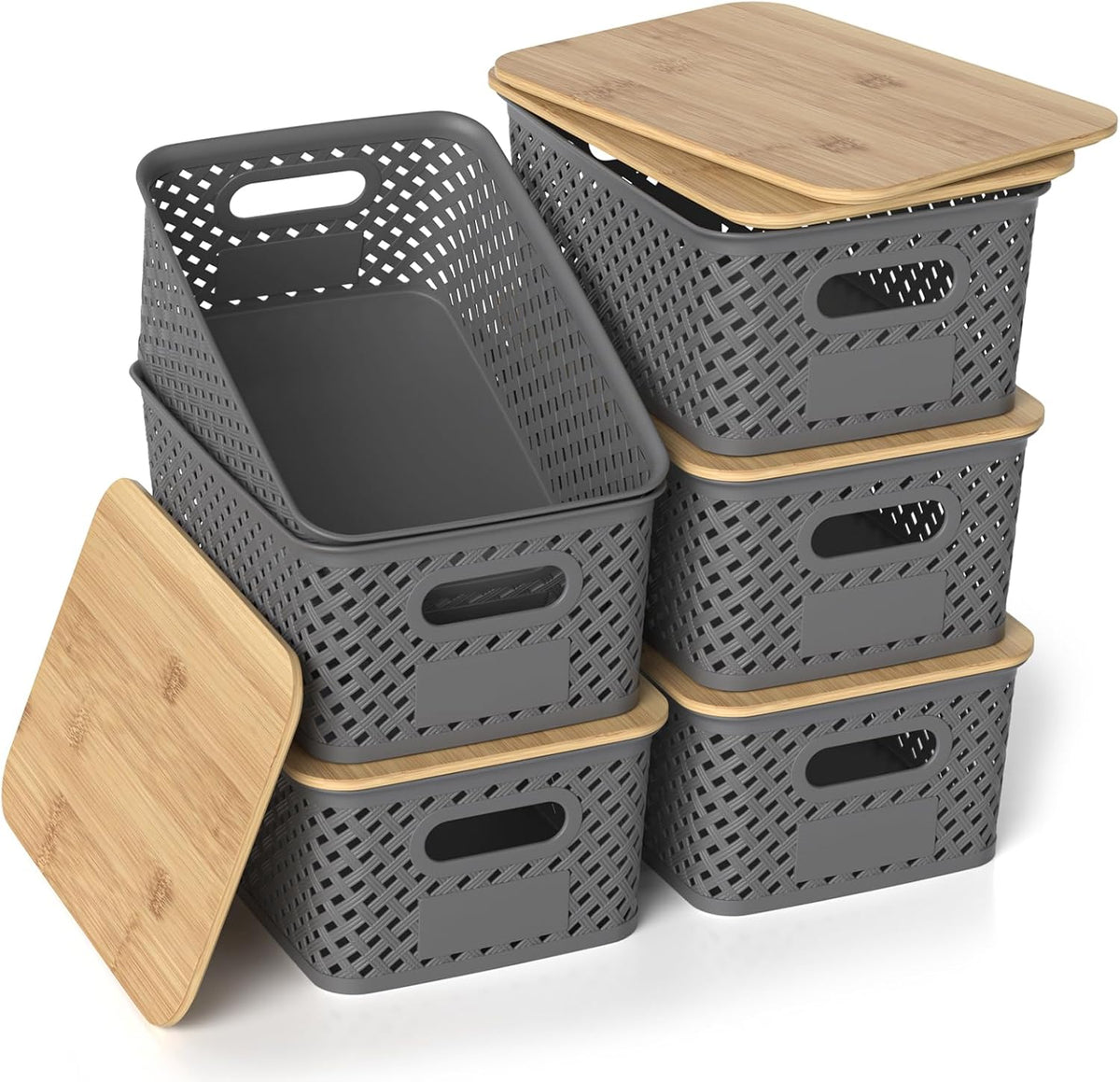 Plastic Storage Bins with Bamboo Lids, Stackable Small Box Baskets for Organizing and Containers for Shelves Drawers Desktop Closet Pantry Classroom Office Home, 6 Pack 10.2x7.2x4.1 Inch, Black