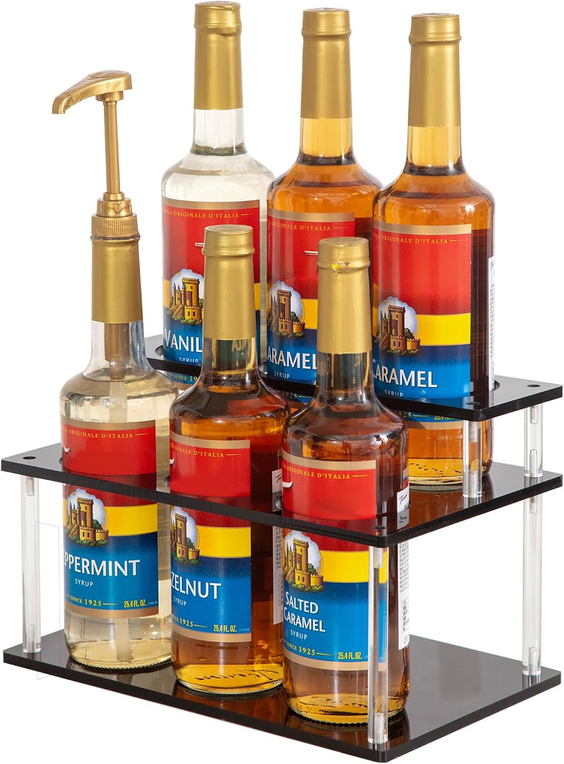 Acrylic Coffee Syrup Organizer, 2 Tier Coffee Syrup Rack (6 Bottle Capacity), Syrup Bottle Holder Stand for Coffee Bar, Kitchen Countertop Syrups, Condiments and Wine (Transparent)