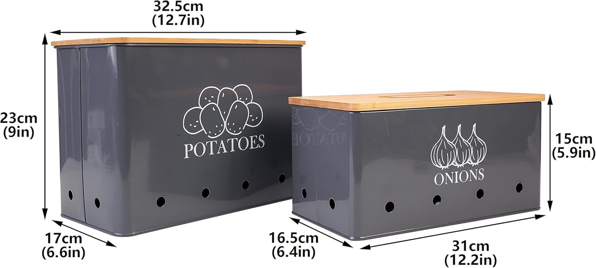 Potato Onion Storage Box, Food Container Sets, Storage Canisters for Vegeatables, Set of 2 Jars Pots Containers, Potato & Onion Bin with Aerating Tin Storage Holes & Bamboo Lid-White