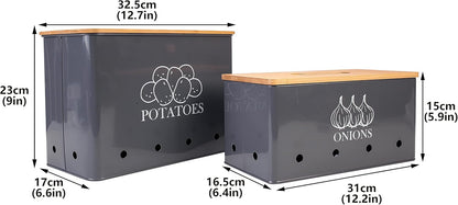 Potato Onion Storage Box, Food Container Sets, Storage Canisters for Vegeatables, Set of 2 Jars Pots Containers, Potato & Onion Bin with Aerating Tin Storage Holes & Bamboo Lid-White