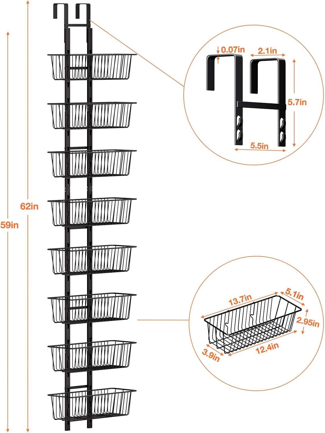 10 Tier Over the Door Pantry Organizer, Over the Door Spice Rack with Adjustable Baskets, Metal Hanging Door Pantry Organizers and Storage for Kitchen Bathroom Bedroom, White