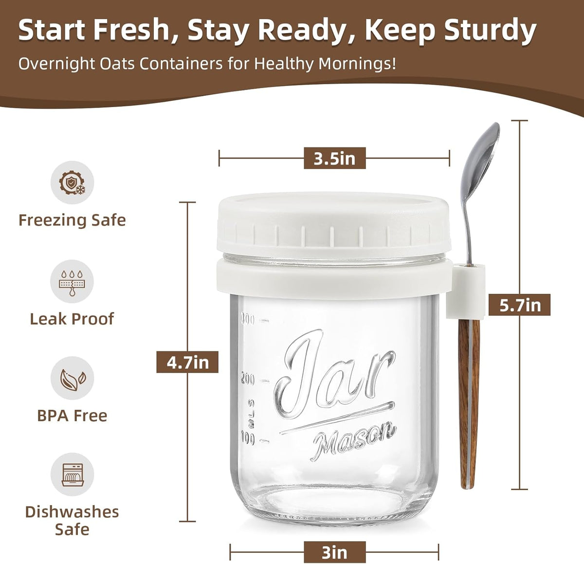4 Pack Overnight Oats Containers with Lids and Spoons, 16 oz Glass Mason Jars with Airtight Lids, Overnight Oats Jars for Milk, Cereal, Fruit