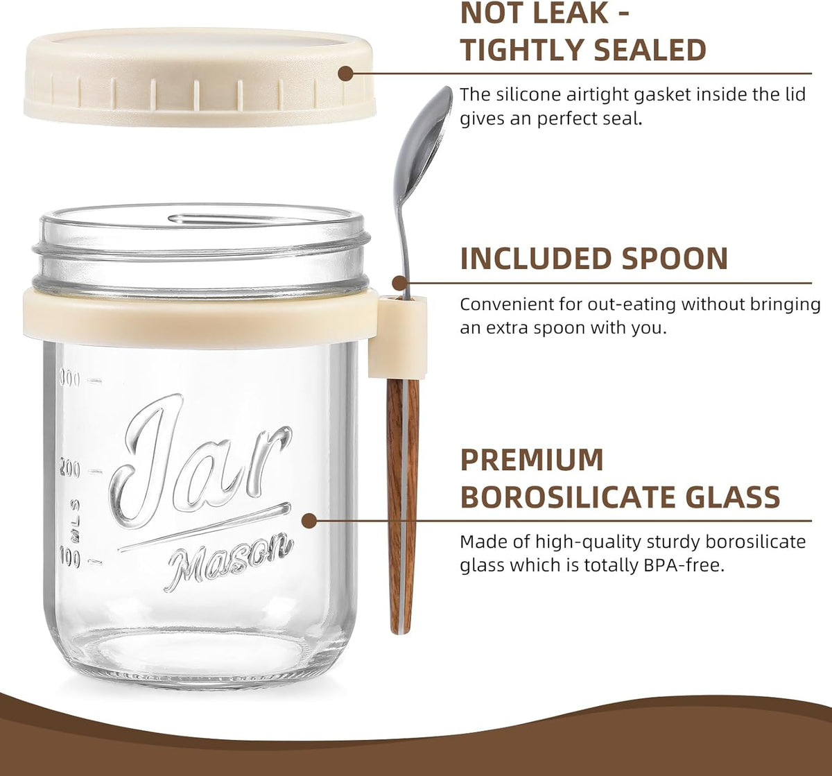 4 Pack Overnight Oats Containers with Lids and Spoons, 16 oz Glass Mason Jars with Airtight Lids, Overnight Oats Jars for Milk, Cereal, Fruit
