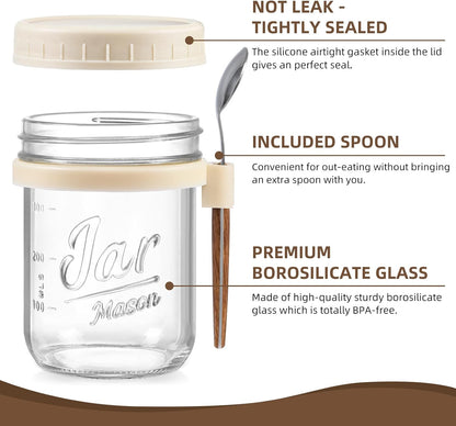 4 Pack Overnight Oats Containers with Lids and Spoons, 16 oz Glass Mason Jars with Airtight Lids, Overnight Oats Jars for Milk, Cereal, Fruit