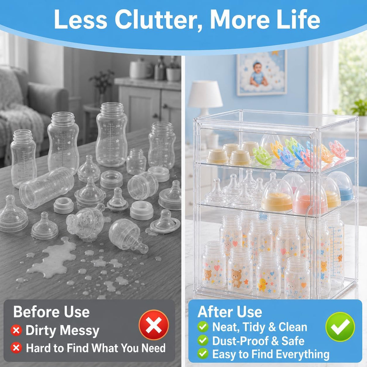 Baby Bottle Storage Organizer, Large 3 Tier Acrylic Bottle Storage Organizer Container for Countertop, Clear Plastic Bottle Station Organizers for Kitchen Cabinet Vanity Bathroom, Gifts for New Mom