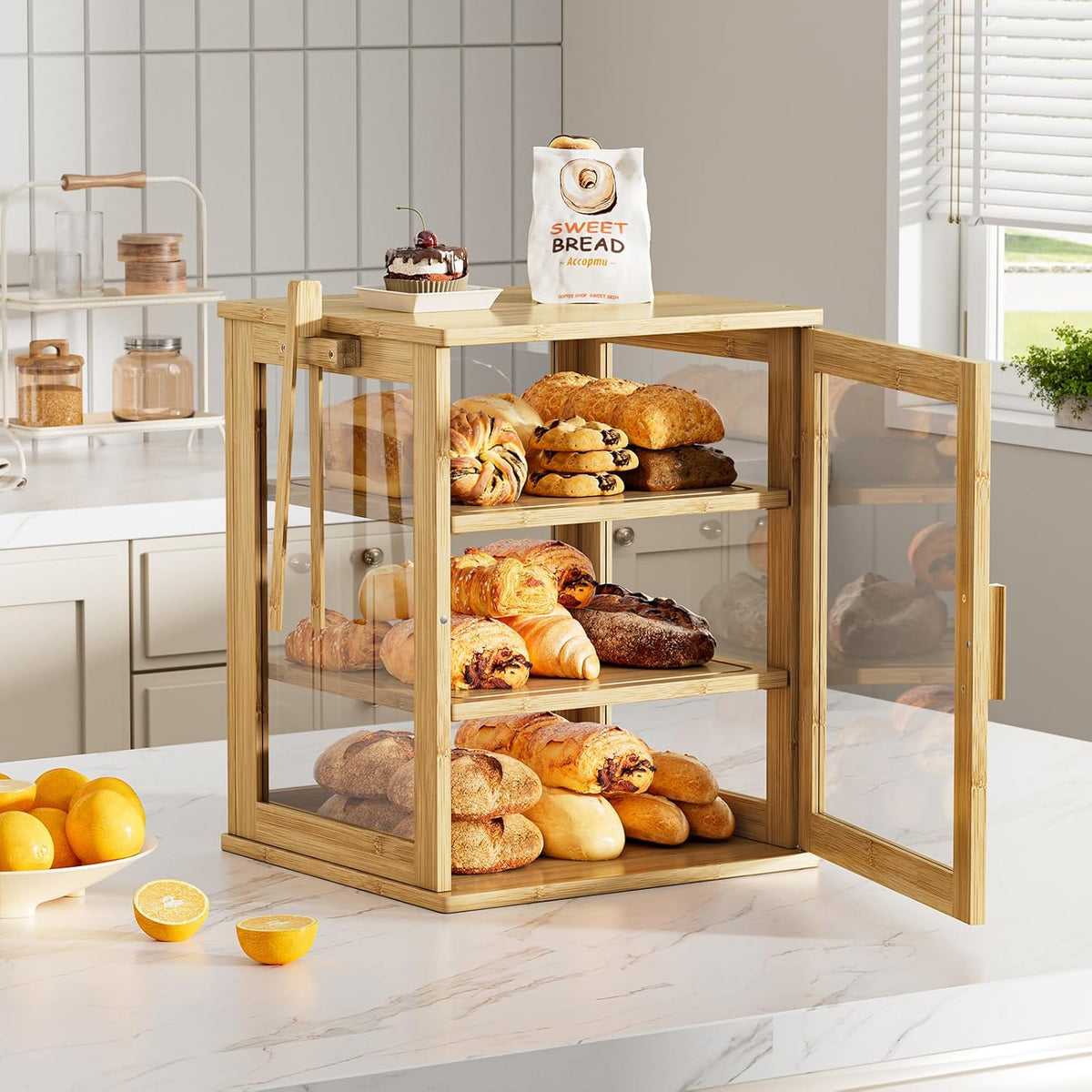 WOWLIVE Black Bread Box for Kitchen Countertop, Large 3 Layers Bread Storage Container for Homemade Bread with Window, Farmhouse Breadbox Organizer for Kitchen, Cabinet, Pantry (Black, Meduim)