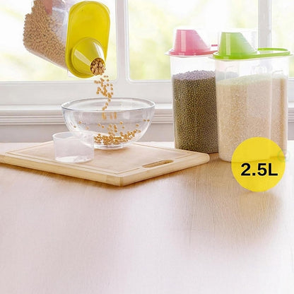 Basicwise 2.5 Liters Set of 3 Large Airtight Food Storage Containers with Pouring Spout and Measuring Cup Lid for Flour Sugar Cereal Rice Pantry Staples & Baking Ingredients in Green Pink and Yellow