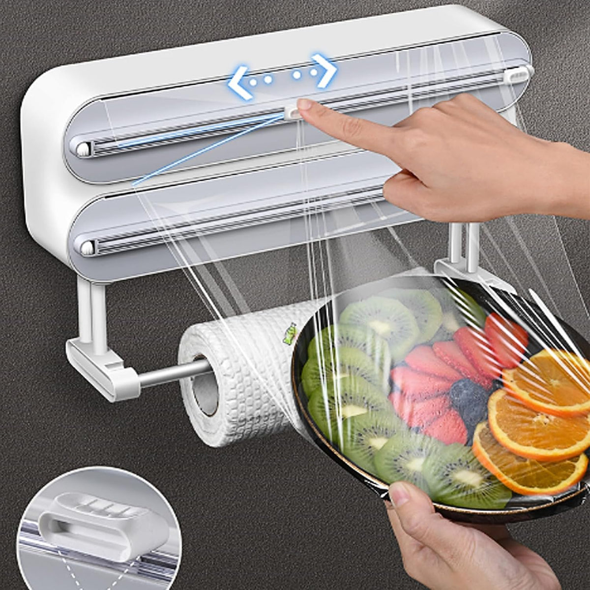 AUSTUFF 3 in 1 Plastic Wrap Dispenser with Cutter，Magnetic Aluminum Foil and Adhesive Film Organizer, Wall Mount Kitchen Wrap Organizer, Cling Wrap Dispenser with Paper Towel Holder and Cutter