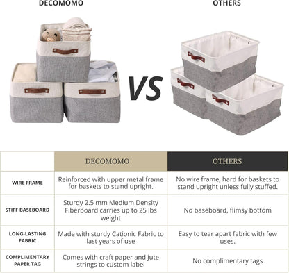 DECOMOMO Storage Bins, Large Fabric Storage Baskets for Shelves, Decorative Linen Closet Organizer, 15 x 11 x 9.5 inches (Beige & White, 3 Pack)