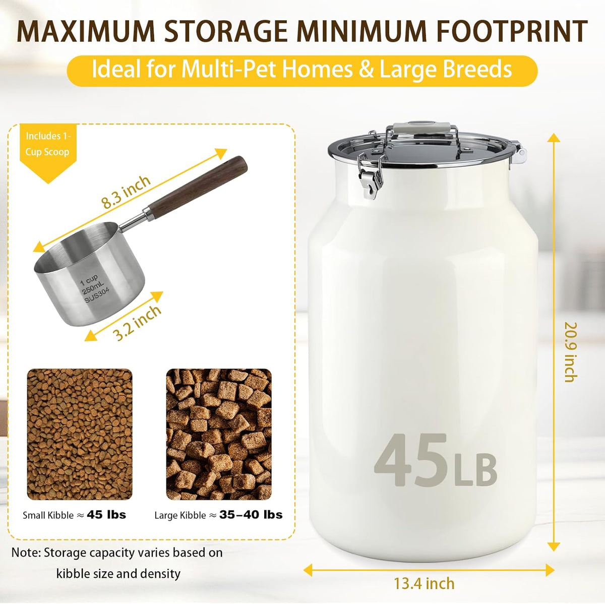 Dog-Cat Food Storage Container 45 lb/48 Qt, Large Stainless Steel Pet Food Bin with Airtight Lid & Scoop Included, Durable 304 Metal Storage for Dogs & Cats