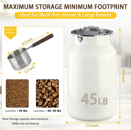 Dog-Cat Food Storage Container 45 lb/48 Qt, Large Stainless Steel Pet Food Bin with Airtight Lid & Scoop Included, Durable 304 Metal Storage for Dogs & Cats