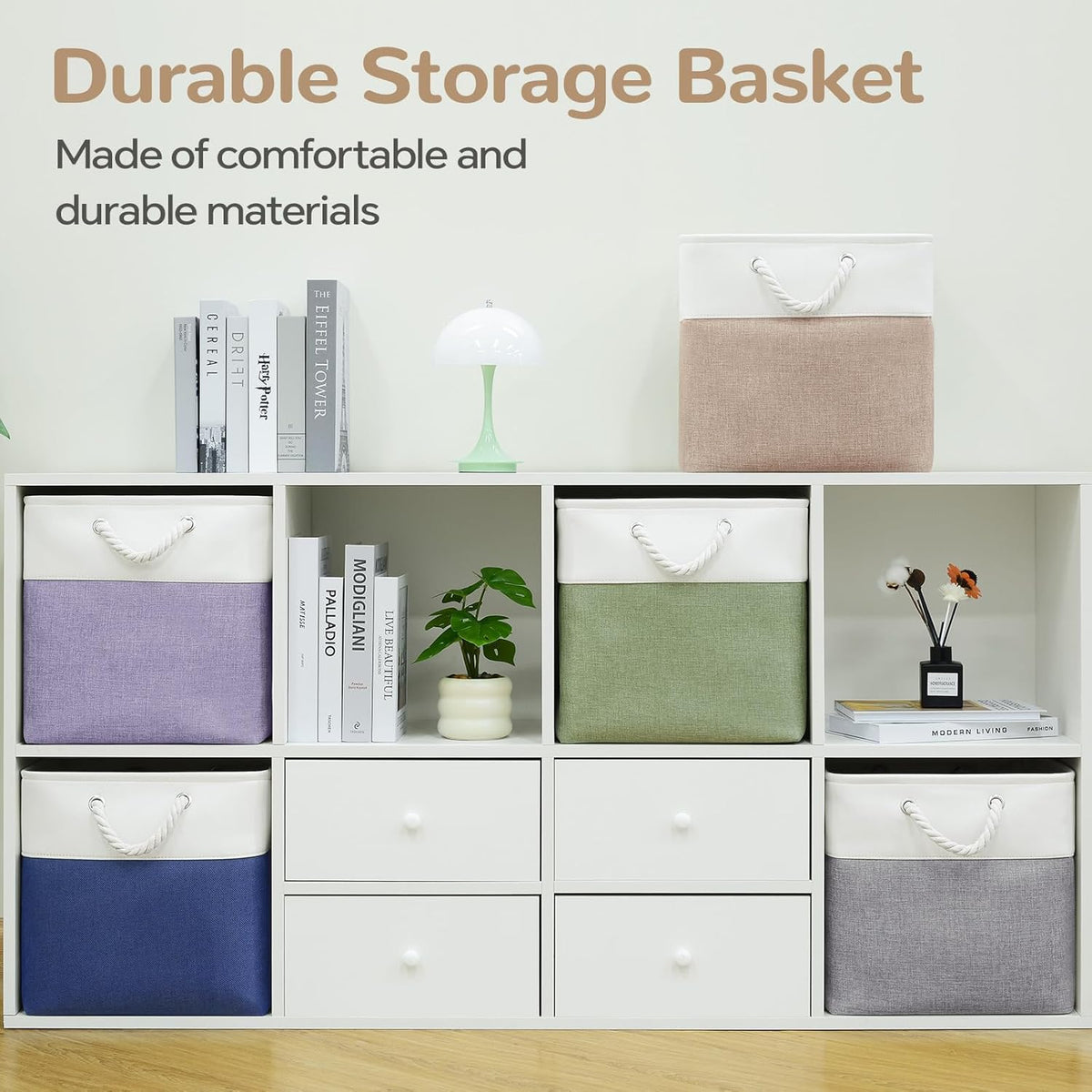 Large Storage Baskets- 15.7x11.8x8.26 inch Storage Bins for Shelves and Closet Organizing, Foldable Fabric Bin for Home Organization Clothes and Laundry (3-Pack, White&Khaki)