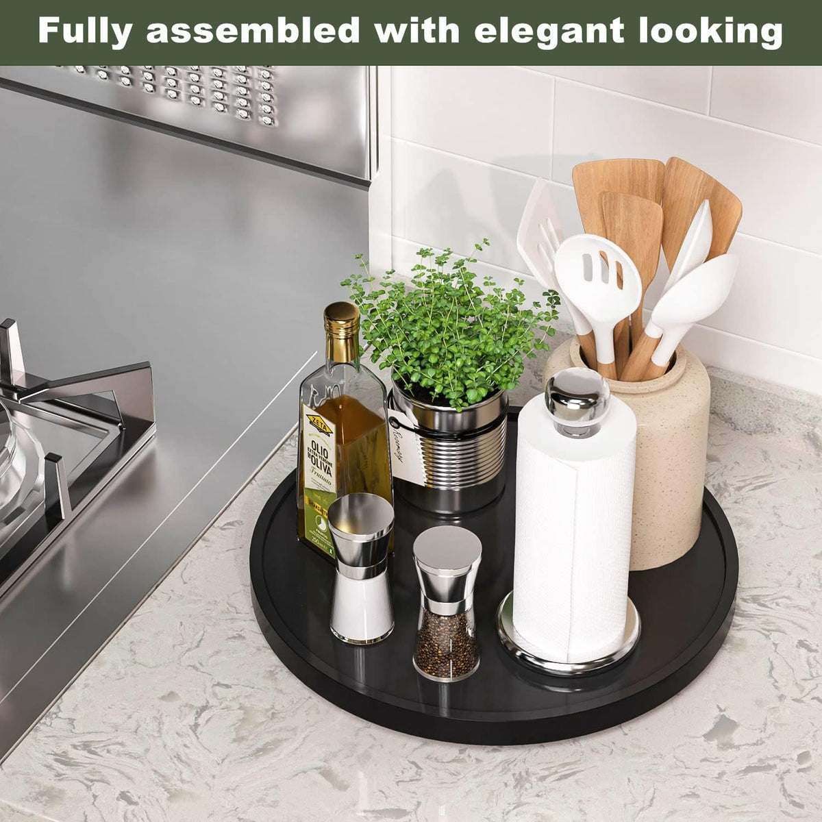 Lazy Susan Organizer, 10 Inch Non-Skid Bamboo Turntable Organizer for Salt Pepper Olive Oil and Spices Next to Stove, Wooden Lazy Susan for Table or Kitchen Countertop Organizer
