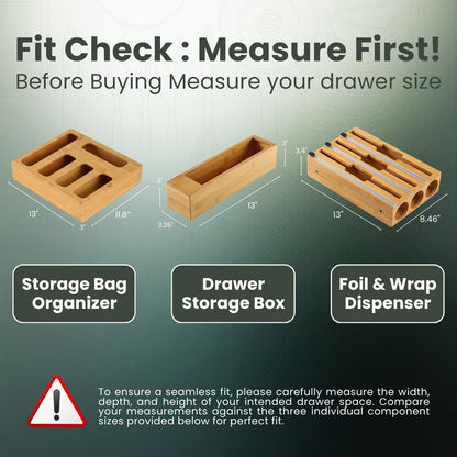 9 IN 1 Storage Bag Organizer for Kitchen Drawer, Bamboo Foil and Plastic Wrap with Cutter, Ziplock Bag Organizer for Gallon, Quart, Sandwich & Snack Bags - Aluminum Foil Organizer