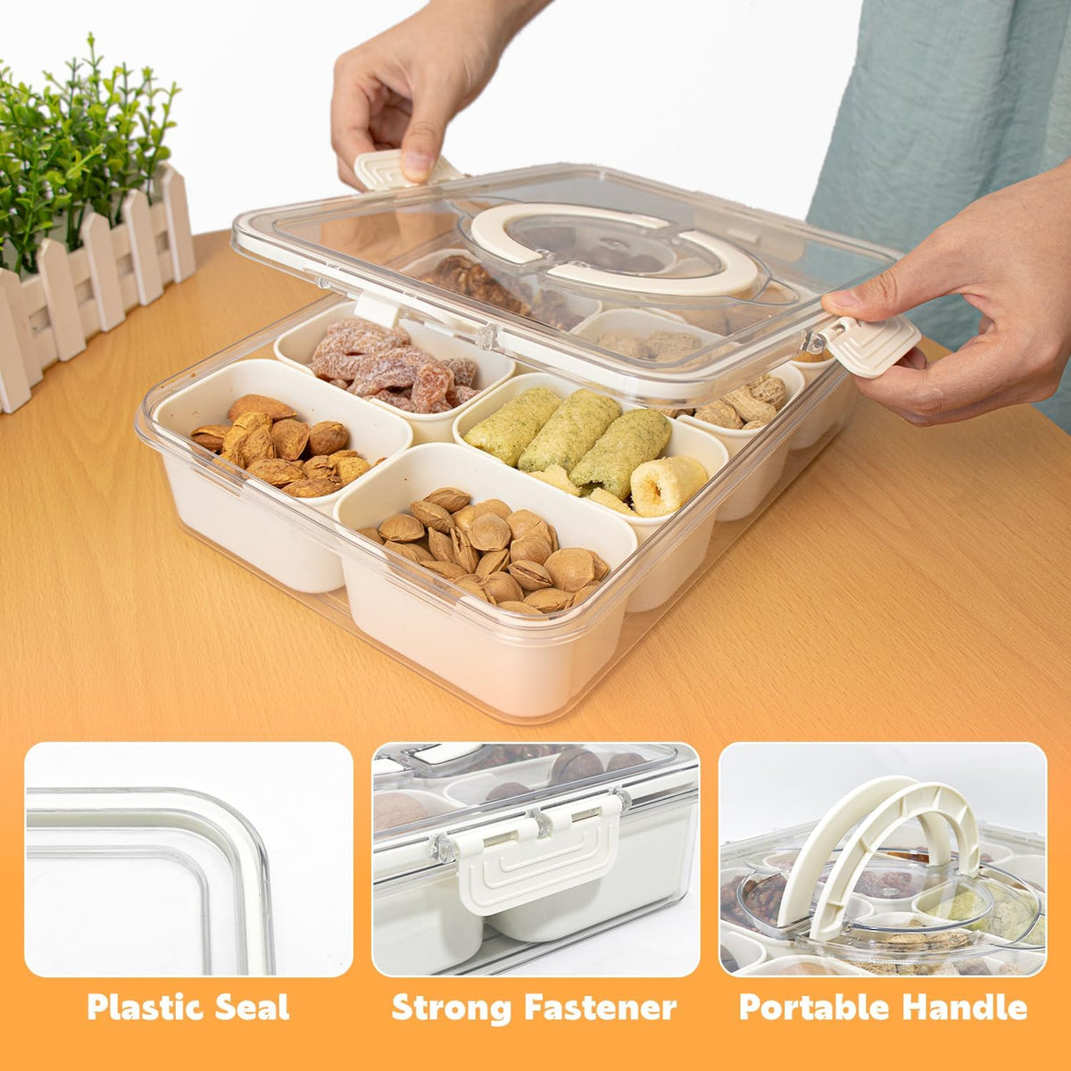 Divided Serving Tray with Lid and Handle,8 Compartments Snacks Box,Snack Fruit Tray,Veggie Tray,Portable Platter for Candy Fruits Nuts Snack Party Entertaining Picnic