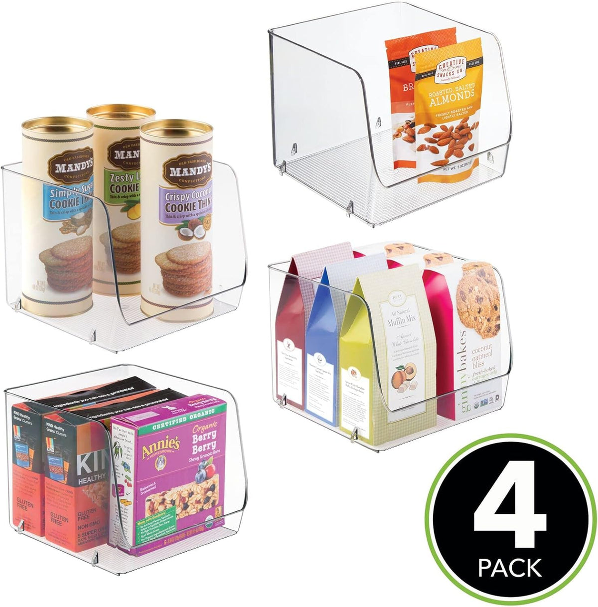 mDesign Wide Stackable Plastic Food Storage Organizer Bin Basket with Open Front for Household Kitchen Cabinets, Pantry, Offices, Closets, Bedrooms, Bathrooms - 10.2" Wide, 2 Pack - Clear