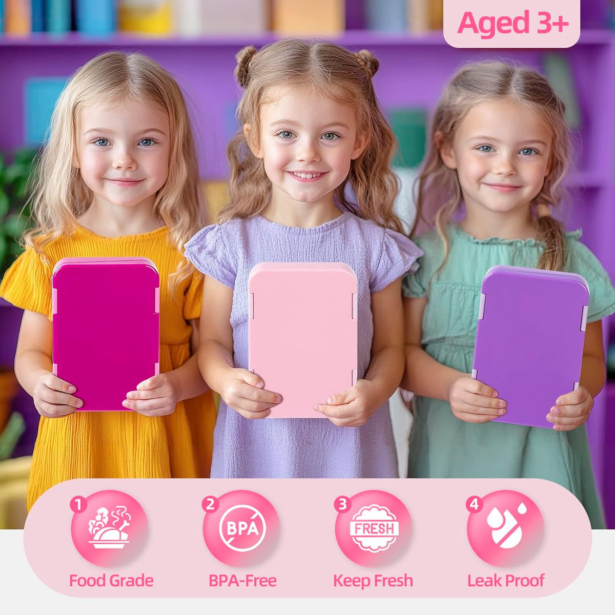 Bento Lunch Box for Kids, 6 Compartments BPA Free, Dishwasher Safe Back to School Snack Bento Lunch Containers Boxes, Ideal Portion Sizes for On-the-Go Meal, Ages 3+, School, Green Patterned