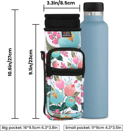 Nuovoware Water Bottle Carrier Bag,25oz/40oz/64oz Bottle Pouch Holder,Adjustable Shoulder Hand Strap 2 Pocket Sling Neoprene Sleeve Sports Accessories for Hiking Travelling Camping