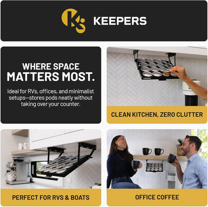 COFFEEKEEPERS KEEPERS Under Cabinet K Cup Holder with Swing-Down Access – Space-Saving Coffee Pod Holder and K Cup Organizer for 24 Pods – Steel Coffee Pod Organizer with Easy DIY Installation