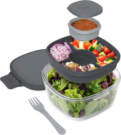 Bentgo Glass Prints Salad Container - 7.6-Cup Tinted Glass Salad Bowl with Airtight Lid, Leak-Proof Sauce Container, 4-Compartment Bento Meal Prep Tray & Reusable Fork (Floral Maximalist - Sea)