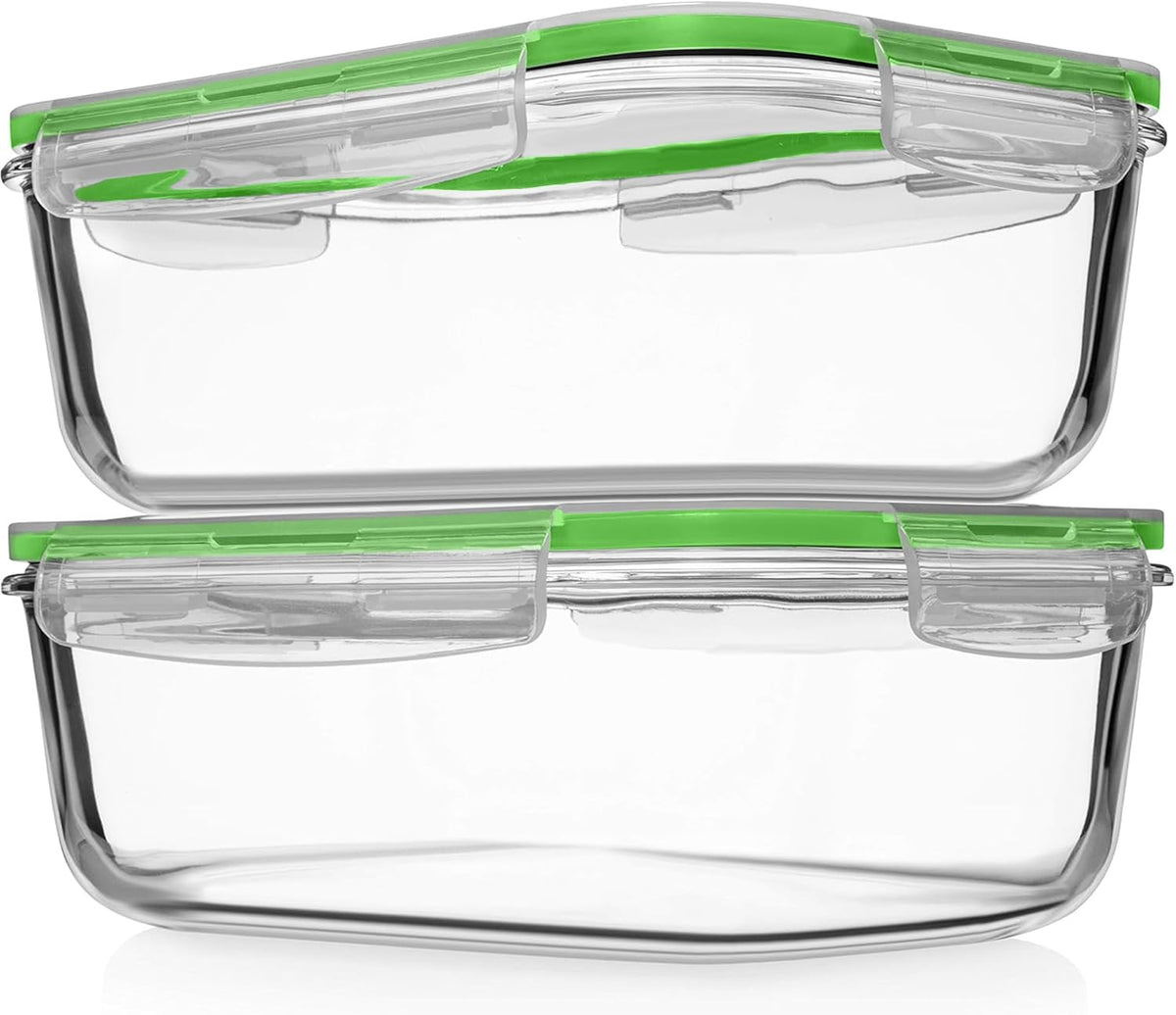 8 Cups/ 63 Oz 4 Piece (2 containers + 2 Lids) Large Glass Food Storage/ Baking Containers with Locking Lids . Ideal for Storing food, vegetables or fruits. BPA Free & Leak Proof -Microwave, Oven Safe