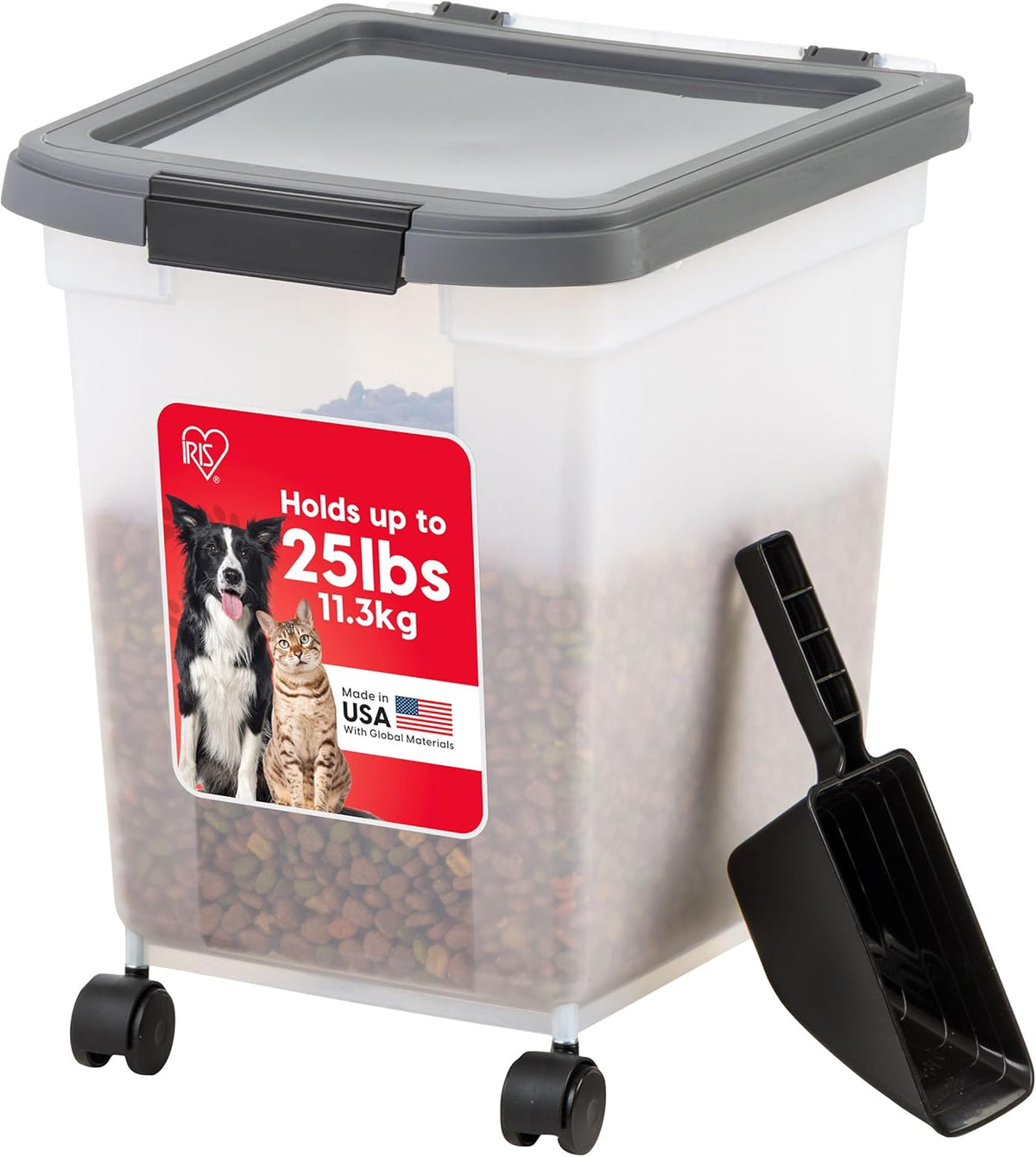 IRIS USA Airtight Dog Food Storage Container, WeatherPro, Up to 50 lbs, Removable Wheels, for Dog Cat Bird and Other Pet Food Storage Bin, Keep Fresh, Translucent Body, Made in USA, Clear/Gray