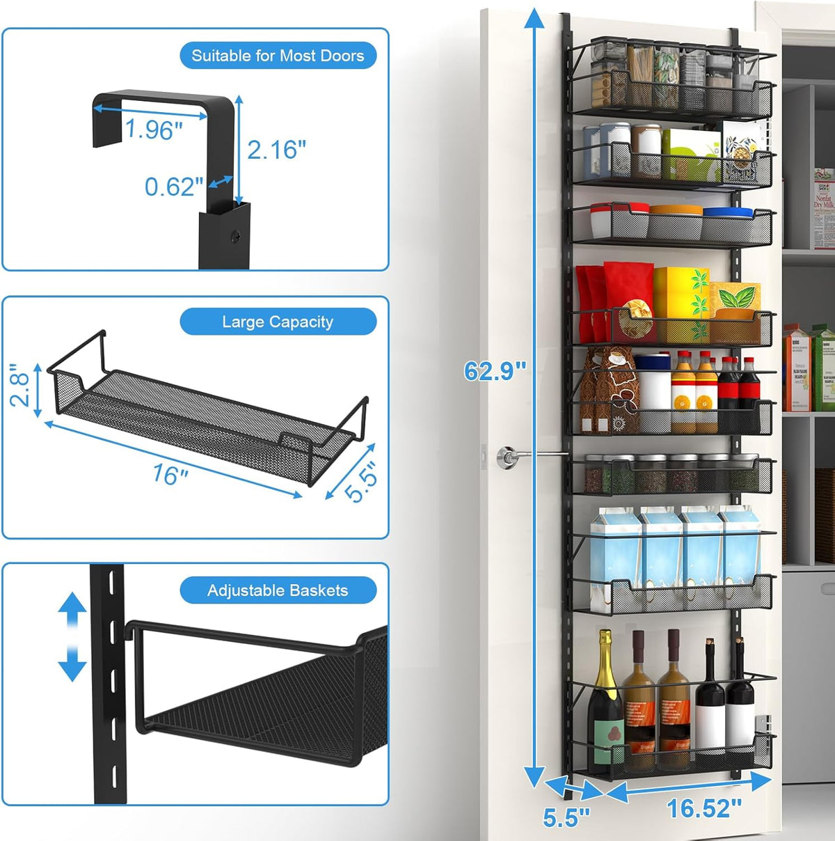 VyGrow 12.3" W Narrow Over the Door Pantry Organizer, 6-Tier Over the Door Organizer with Adjustable Basket, Pantry Door Organization for Pantry Kitchen Storage Room Spice Rack, White
