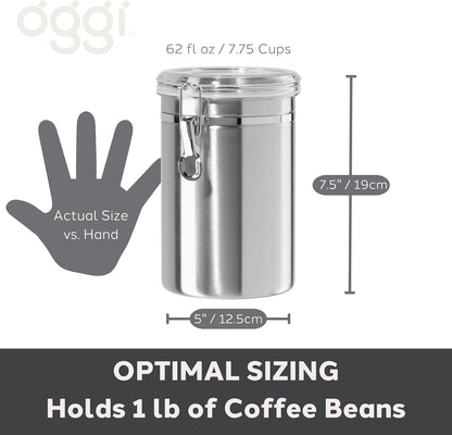 Oggi Stainless Steel Kitchen Canister 152 fl oz - Airtight Clamp Lid, Clear See-Thru Top - Ideal for Kitchen Storage, Food Storage, Pantry Storage. Jumbo Size 8" x 8".