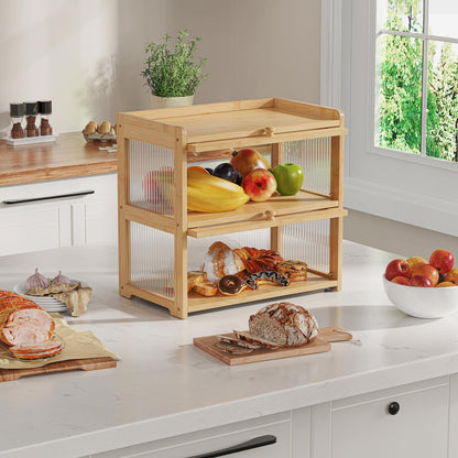 BAMBANG Bamboo Bread Box for Kitchen Countertop, Extra Large Farmhouse Bread Box with 4-Side Clear Panels, Wooden Bread Storage Container for Homemade Bread, Natural