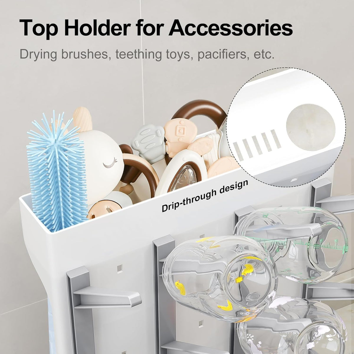 GoMaihe Baby Bottle Drying Rack: Space Saving Vertical Bottle Dryer Holder - Newborn Accessories Storage Stand Organize Brushes Pacifiers on Countertop - BPA-Free - Gray