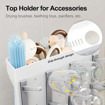 GoMaihe Baby Bottle Drying Rack: Space Saving Vertical Bottle Dryer Holder - Newborn Accessories Storage Stand Organize Brushes Pacifiers on Countertop - BPA-Free - Gray