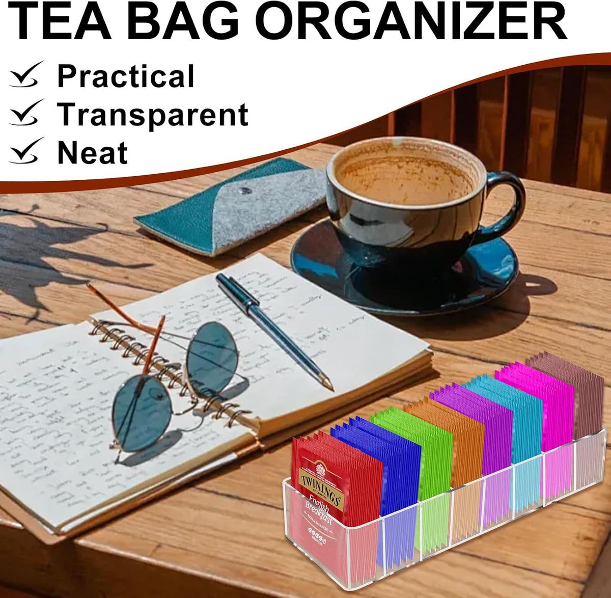 Acrylic Tea Bag Organizer, Clear Small Tea Packet Storage Box Clear Holder with 8 Slot, for Drawer, Countertop, Pantry, Kitchen, Cabinet, Shelf, 1 Pack (Removable partition)