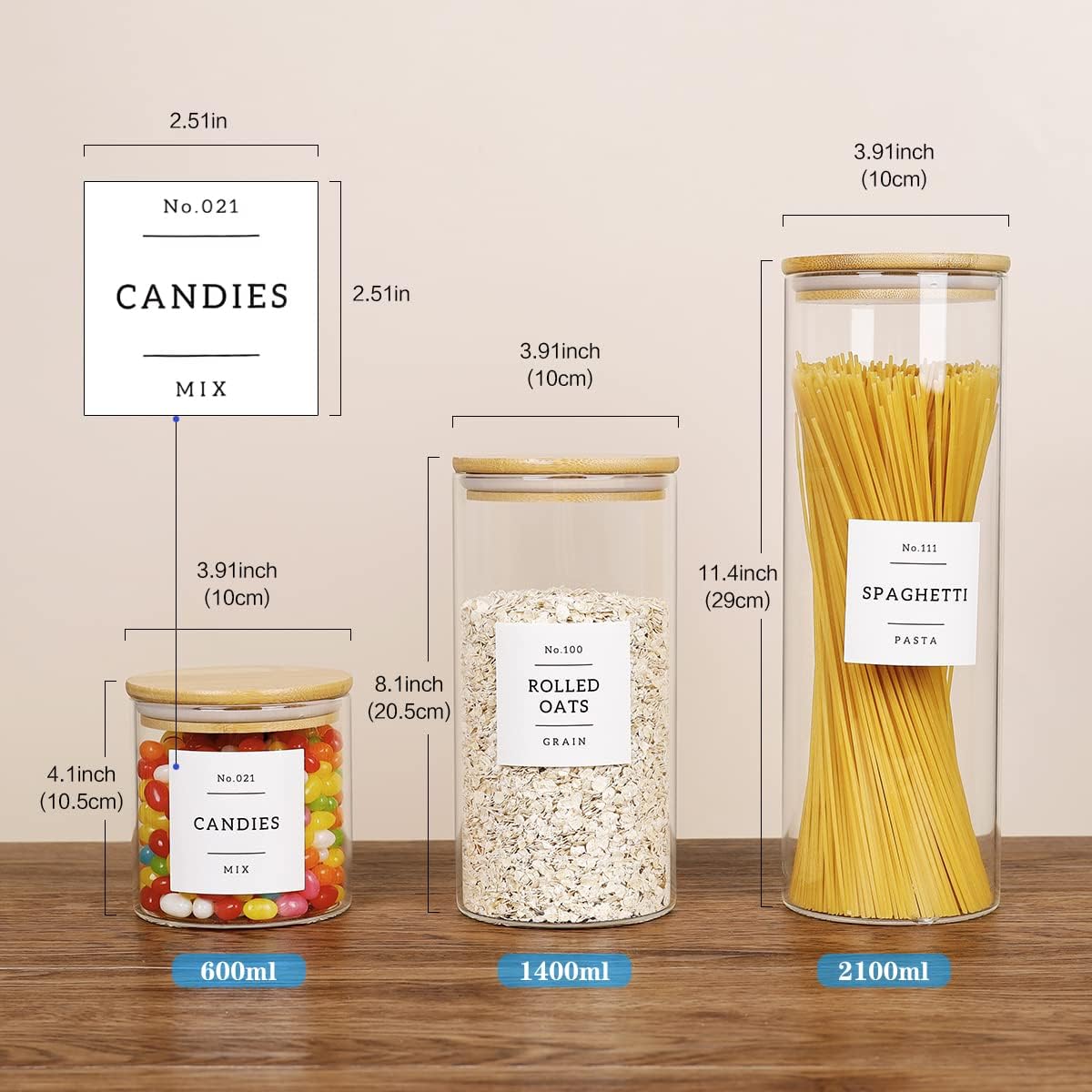 HHMJSM Large Glass Storage Jars With Airtight Bamboo Lid - 100 Fl Oz Thicken Kitchen Glass Food Storage Canister With 42 Pantry Labels - Big Clear Flour And Sugar Containers Farmhouse