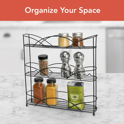 Spectrum 3 Tier Spice Rack Organizer Black Countertop Wire Shelf Spice Rack for Modern Kitchen Pantry Cabinet, Organize Spices with Three Tier Spice Shelf for Kitchen Storage with Wall Mount Option