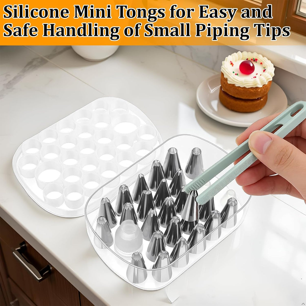 Cake Decorating Supplies Set - 27 Grids Storage Box with 25 Stainless Steel Piping Tips, 2 Adapters & Silicone Mini Tongs | Complete Baking Nozzle Organizer Kit