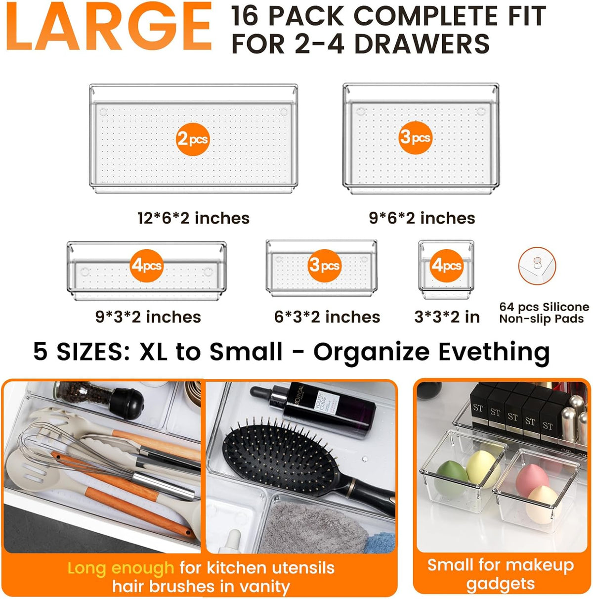 Criusia Large Drawer Organizer Bins | Complete 5 Size Clear Plastic Kitchen Drawer Organizers for Utensils | Bathroom Drawer Organizer Trays | Versatile for Makeup Office Organization