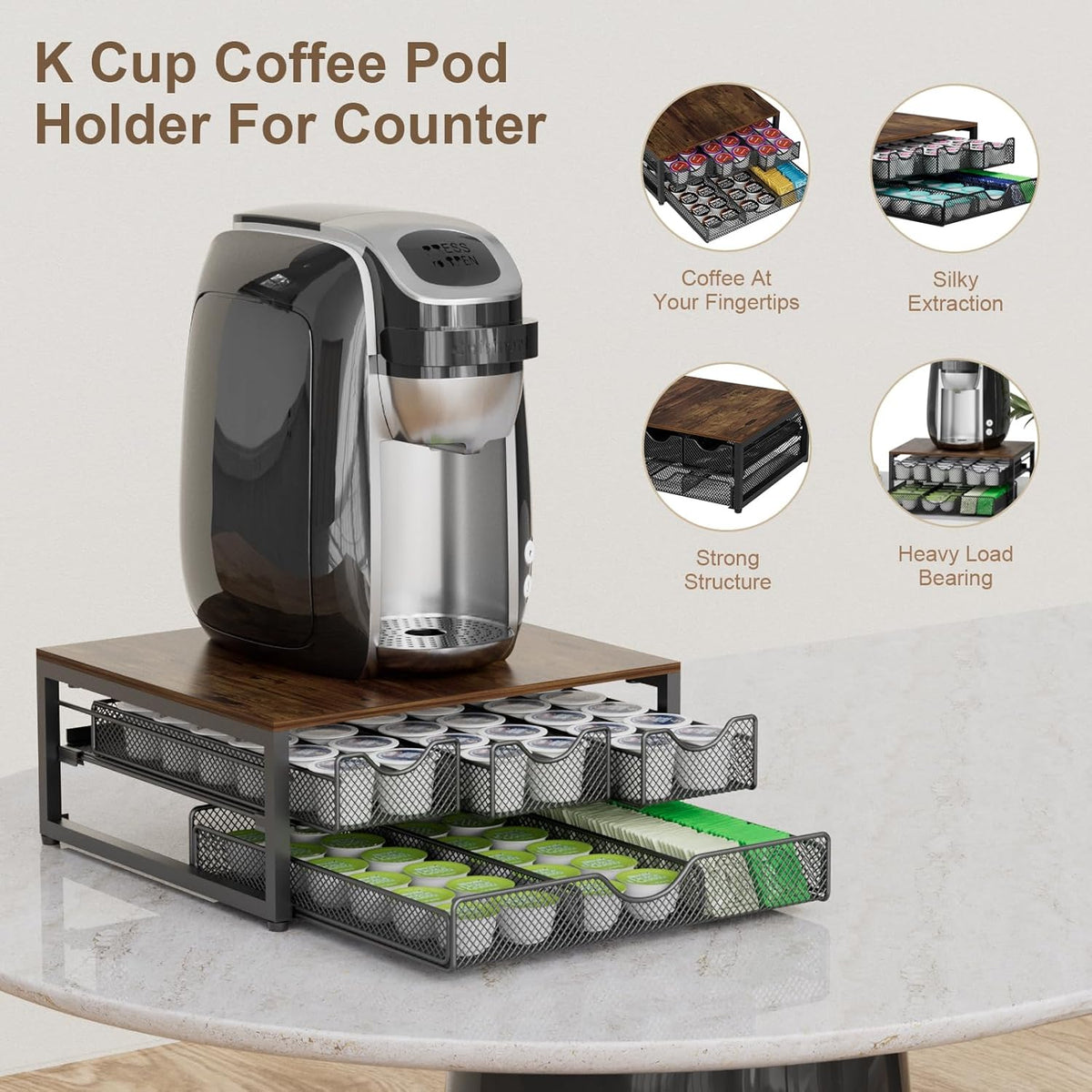Coffee Pod Holder For Counter, 3 Pull-Out 72 K-Cup Holder Drawer, Wooden Cafe Pods Storage Organizer with Sliding Drawers for Coffee Station, Home, Kitchen, Office, Dorm (Black)
