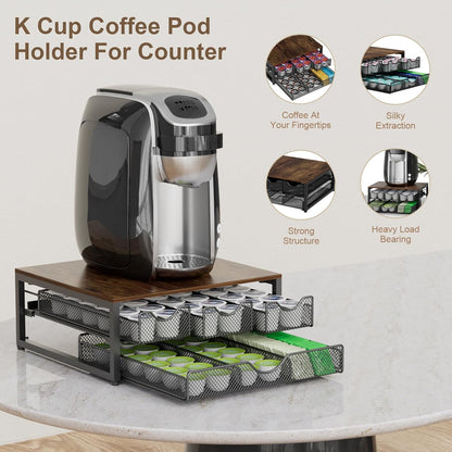 Coffee Pod Holder For Counter, 3 Pull-Out 72 K-Cup Holder Drawer, Wooden Cafe Pods Storage Organizer with Sliding Drawers for Coffee Station, Home, Kitchen, Office, Dorm (Black)