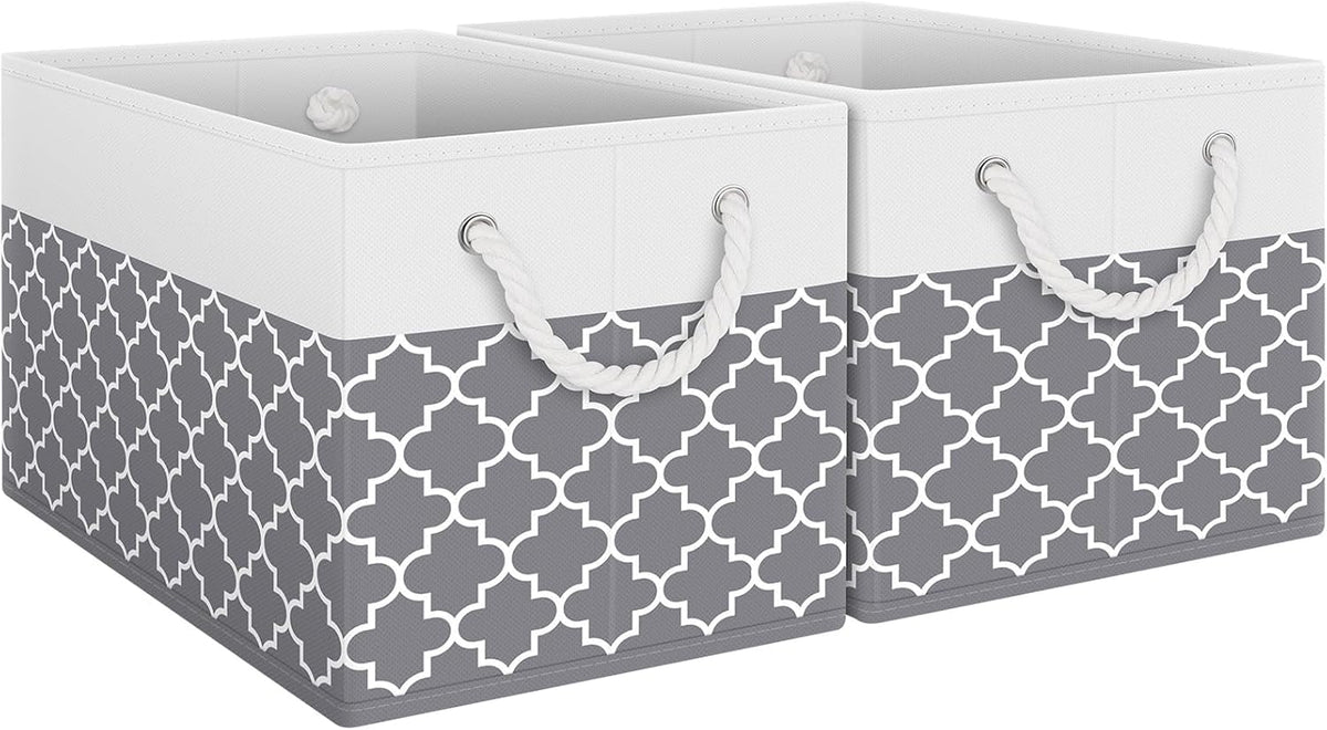 Fab totes Storage Bins, Foldable Storage Baskets for Organizing Toys, Books, Shelves, Closet, Large Storage Box with Rope Handles, Sturdy Organizer Bins, White & Grey