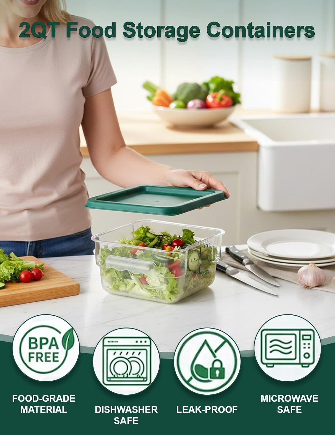 4 Pack 4QT Food Storage Containers with Green Lids, Clear Square Restaurant Commercial Food Storage Containers with Handle and Scale, Marinating Container Dough Rising Bucket for Home & Dining