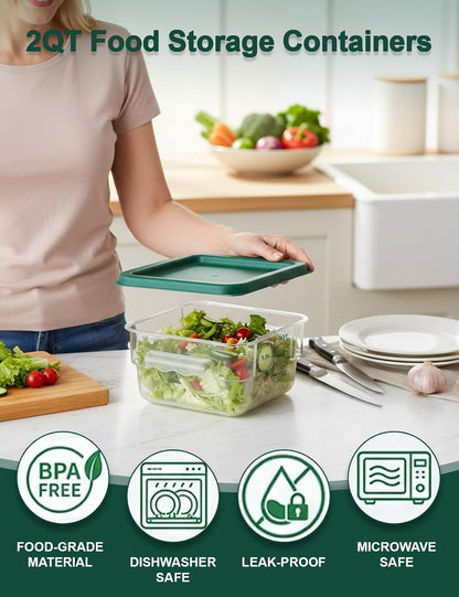 4 Pack 4QT Food Storage Containers with Green Lids, Clear Square Restaurant Commercial Food Storage Containers with Handle and Scale, Marinating Container Dough Rising Bucket for Home & Dining