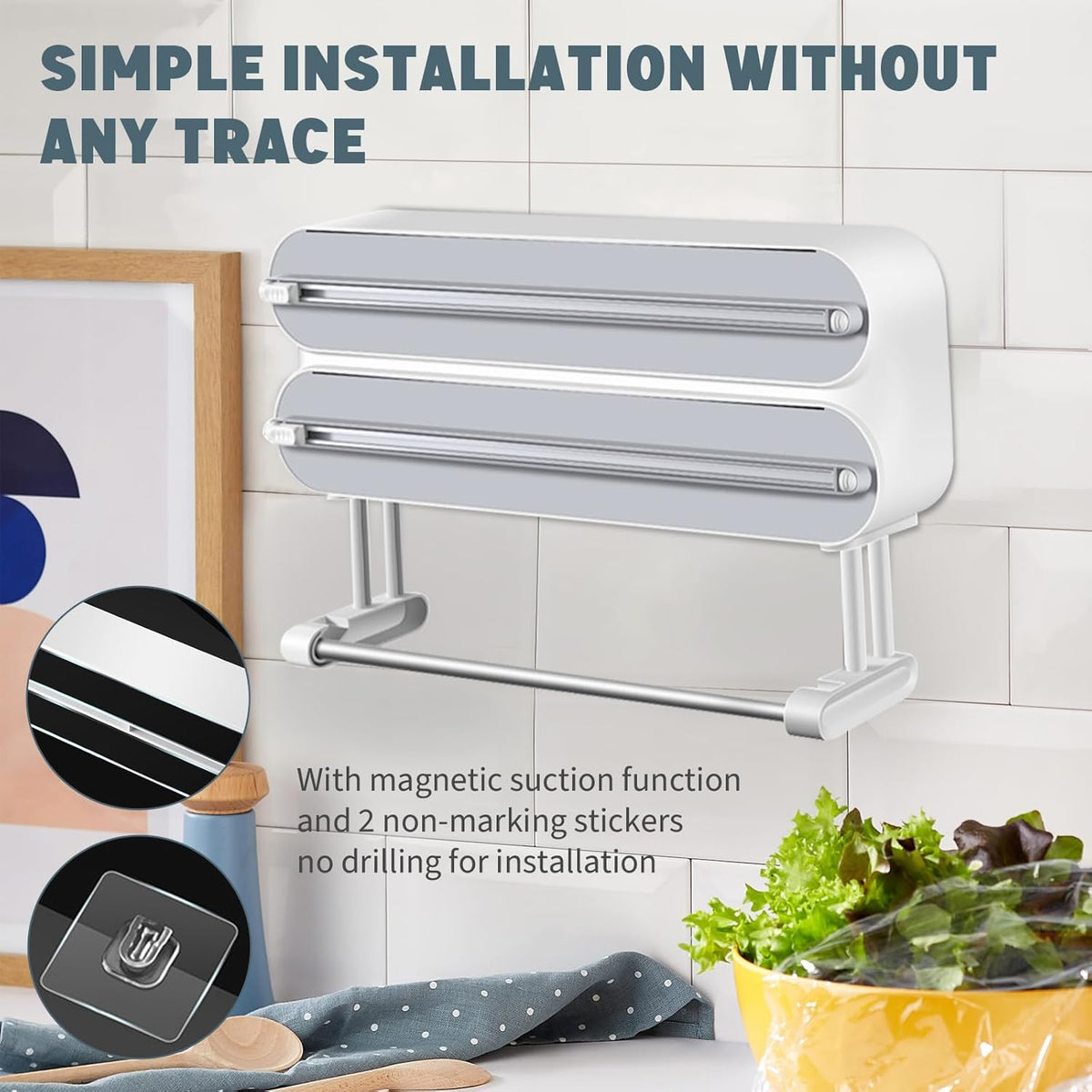 AUSTUFF 3 in 1 Plastic Wrap Dispenser with Cutter，Magnetic Aluminum Foil and Adhesive Film Organizer, Wall Mount Kitchen Wrap Organizer, Cling Wrap Dispenser with Paper Towel Holder and Cutter