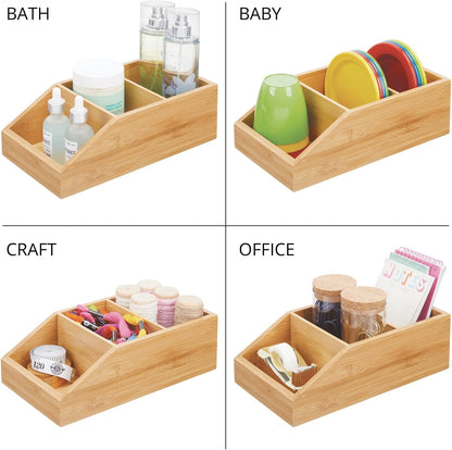 mDesign Bamboo Wood Food Storage Bin with Divided 3 Compartments and Sloped Front for Kitchen Cabinet, Pantry, Shelf to Organize Seasoning Packets, Powder Mixes, Spices, Snacks - Natural