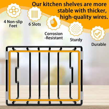 Cutting Board Organizer Rack with 7 Compartments, Heavy-Duty Iron Pan and Baking Sheet Organizer, Kitchen Cabinet Storage Rack with Non-Slip Base, Space-Saving Pot Lid Holder for Countertop & Pantry