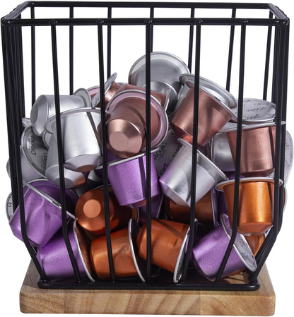 BYTEAIDREX Coffee Pod Holders for Counter - K Cup Holders for Counter - Coffee Pods Storage Organizer - Bar Accessories - Large Capacity Black Wire Kup Storage with Wooden Base.