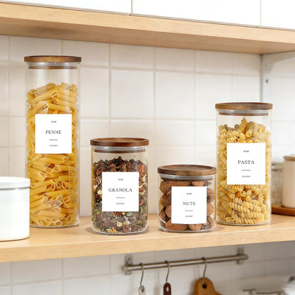 Glass Rice Containers with Acacia Wood Lids, 70oz Airtight Flour and Sugar Jars with 105 Labels, Large Glass Pantry Storage Jars for Cereal, Protein Powder, Cookies, Dry Food